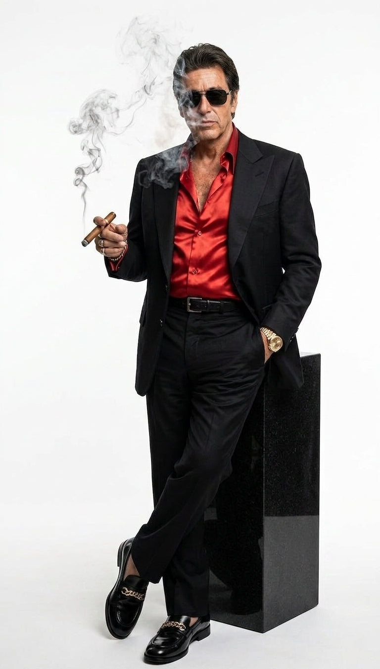 Tony Montana’s Black Blazer with Red Sateen Shirt – Men’s Black Formal Blazer and Red Satin Style Shirt Outfit for Party, Wedding and Vintage Wear - 36 Short