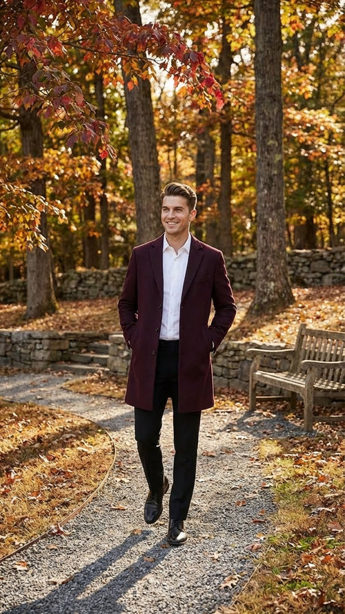 Mens Burgundy Mid-Length Overcoat Classic Fit Wool Blend Dress Coat Three Quarter Carcoat Topcoat