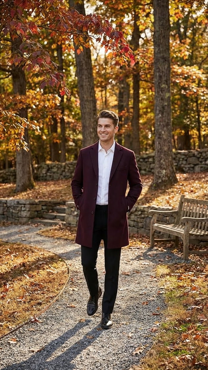 Mens Burgundy Mid-Length Overcoat Classic Fit Wool Blend Dress Coat Three Quarter Carcoat Topcoat