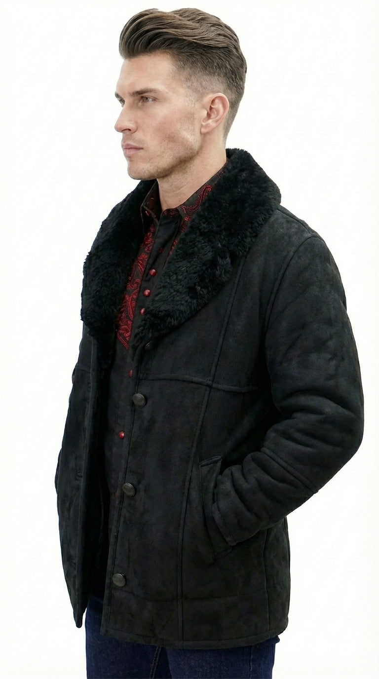Men’s Black Sheepskin Leather Jacket Cowboy – Warm Faux Fur Collar Coat, Winter Long Jacket, Casual Western Style Outerwear - S
