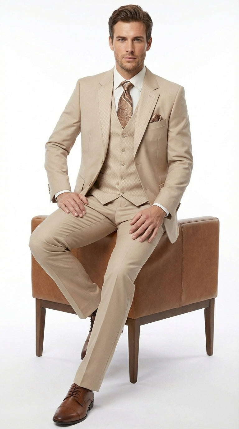 Men’s Tan Beige 3 Piece Tuxedo Suit – Beige Formal Suit Set with Vest, Patterned Lapel and Tie for Wedding, Prom in Tan Khaki Color - 34 Short or Extra Small