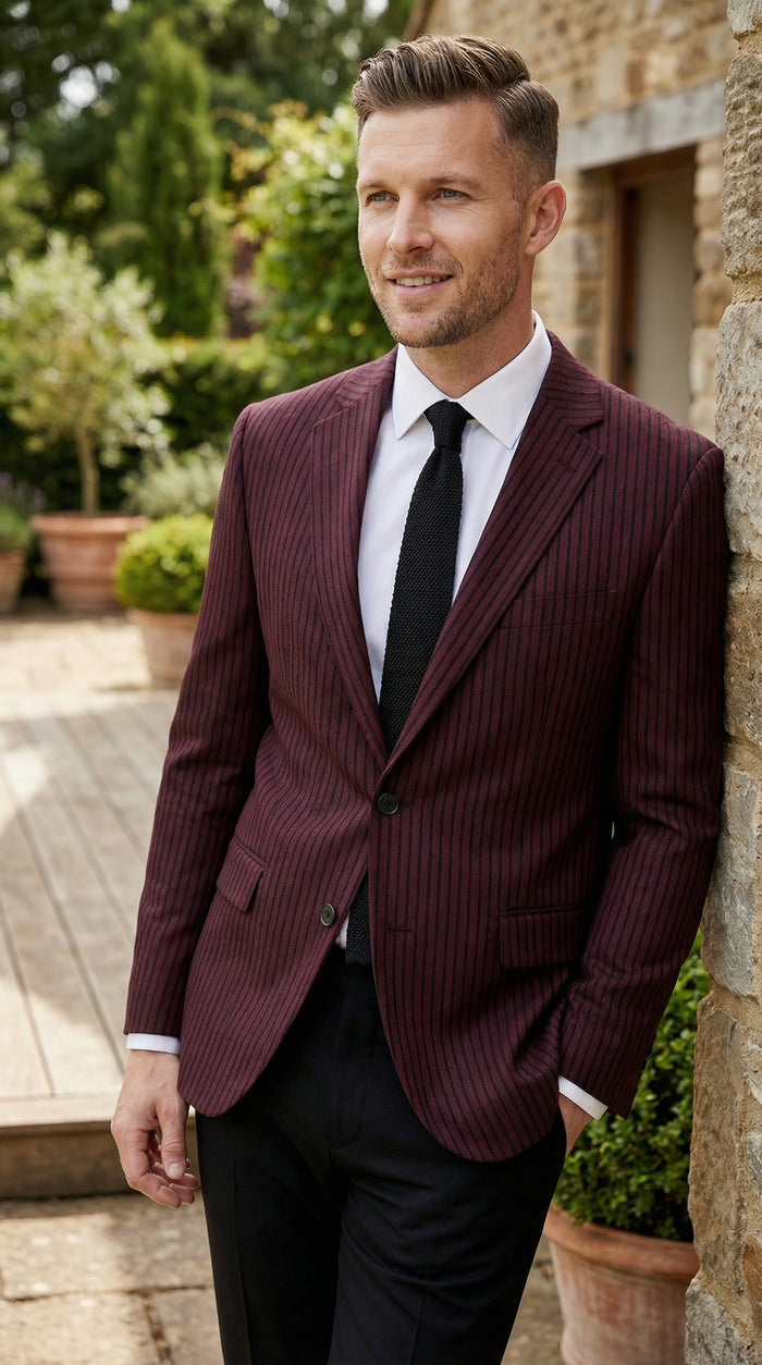 Mens Burgundy Pinstripe Blazer Classic Tailored Formal Jacket for Business, Office and Evening Wear