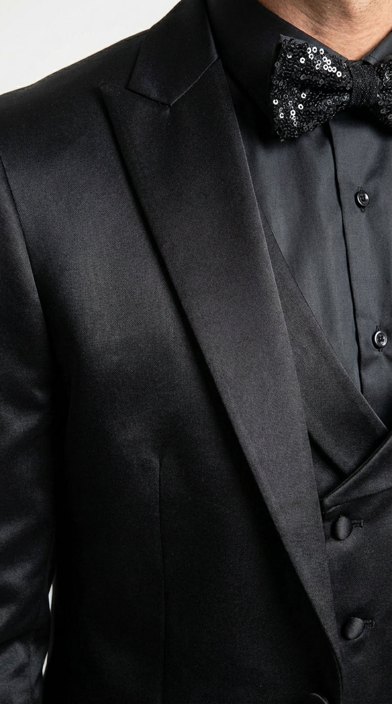 Men’s All Shiny Black Satin Suit – Black Satin Tuxedo Suit for Prom, Wedding, Formal Party and Evening Events Double breasted Vest - 34 Short or Extra Small
