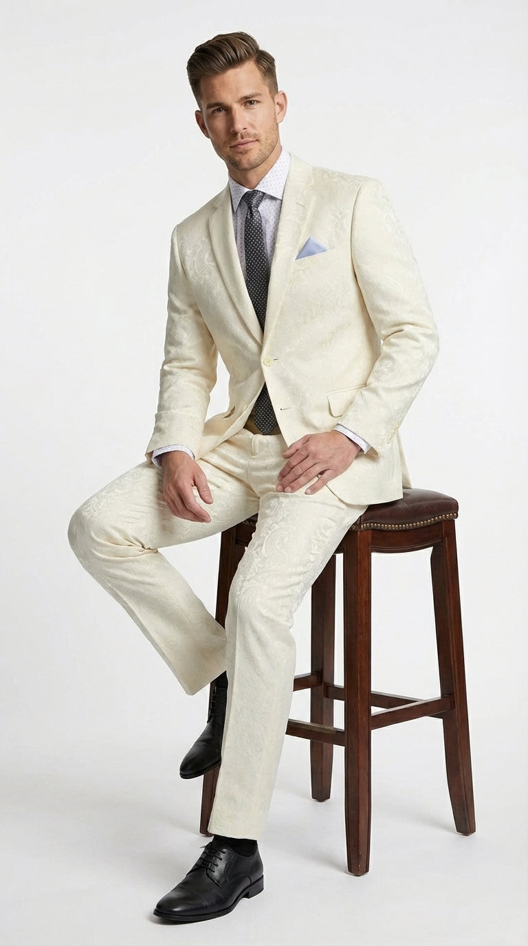 Men’s Ivory Paisley Shiny Suit – Flroal Formal Wedding and Prom Suit for Party, in Cream Off White - 34 Short or Extra Small