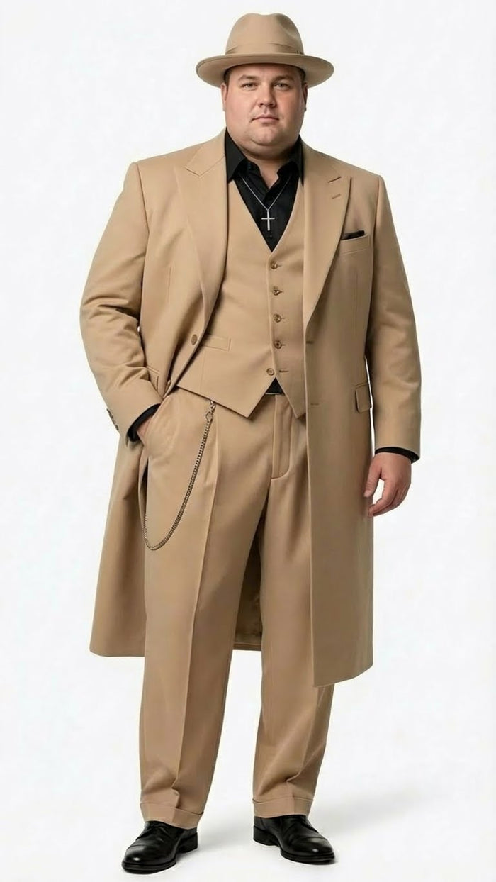 Mens 1920s Beige Zoot Suit Long Mafia Gangster Three-Piece Suit in Tan Khaki Color 40 inch Zuit Pachuco Suit