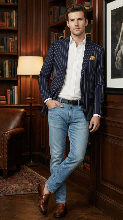 Mens Navy Blue Pinstripe Blazer Classic Tailored Formal Jacket for Business, Office and Smart Casual Wear