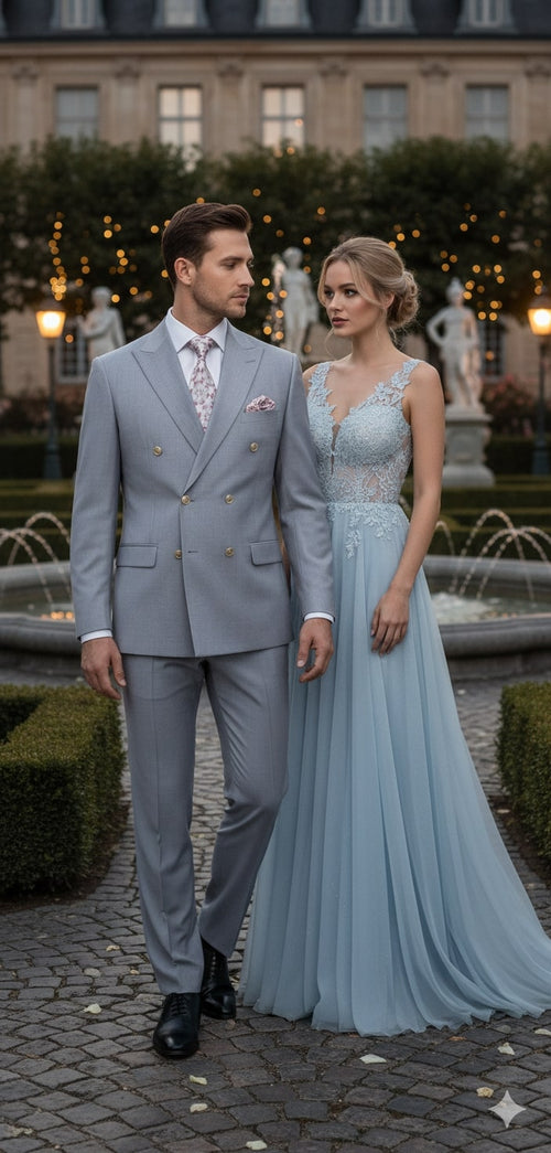 Mens Silver Grey Double-Breasted 3-Piece Suit Classic Tailored Fit with Peak Lapel and Gold Buttons for Weddings, Church and Formal Events