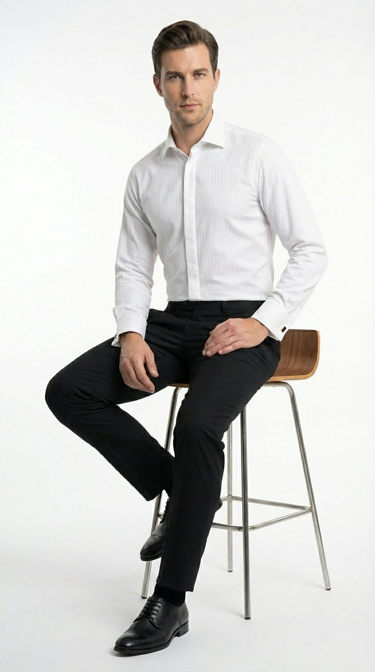 Mens White Herringbone Shadow and Tone on Tone Dress Shirt – Classic Formal Wedding - 15.5"Neck-34-35" Sleeve