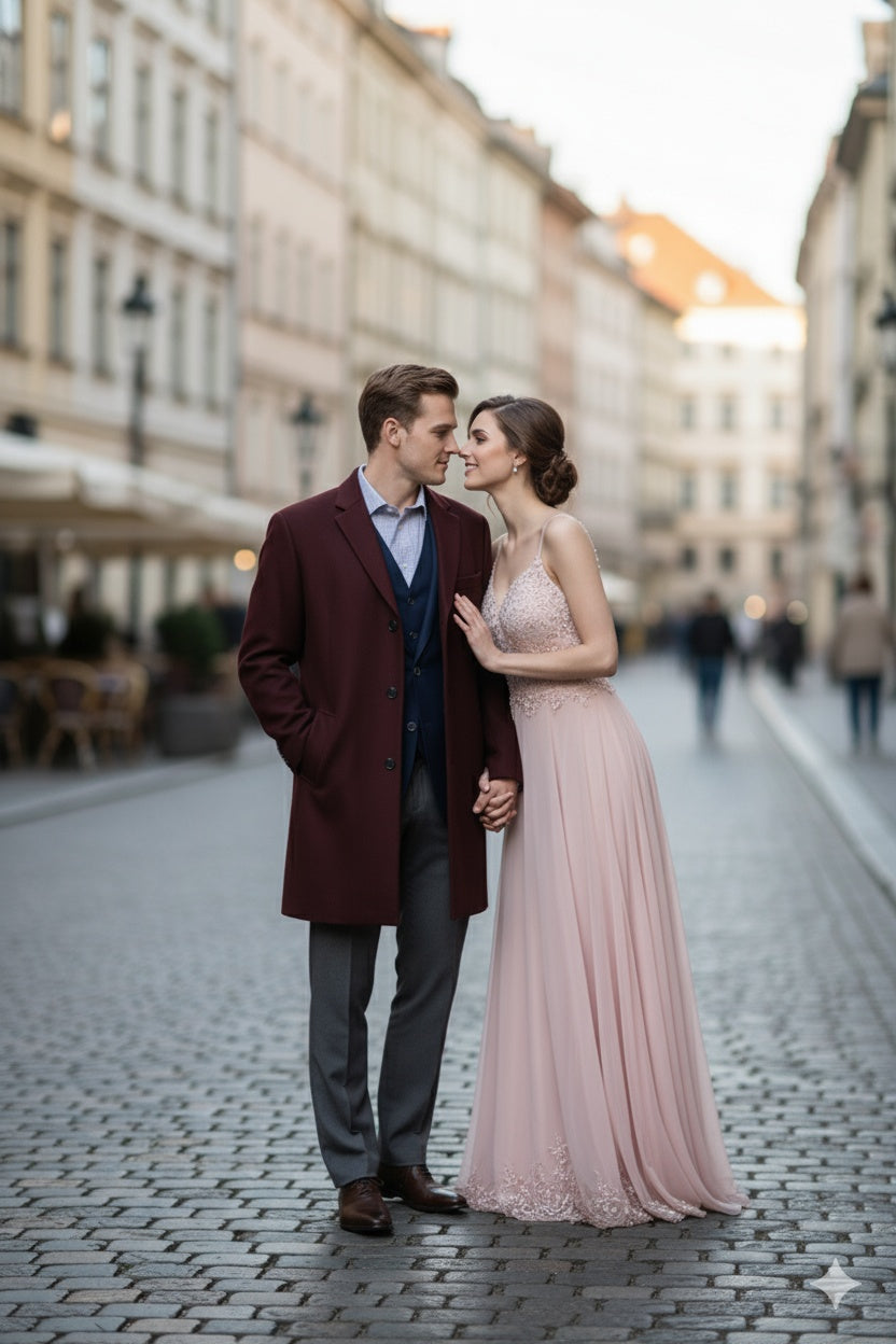 Men’s Burgundy Wool and Cashmere Car Coat – Classic Winter Topcoat for Business and Formal Wear - Coat Size 38