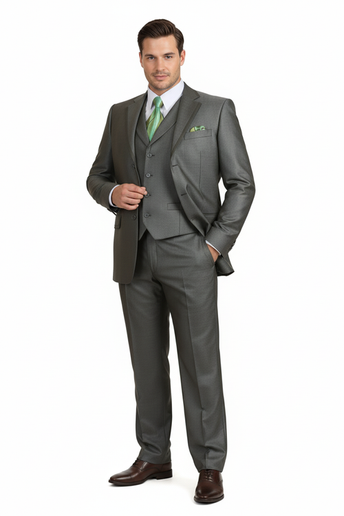 Mens Olive Green 3-Piece Suit Classic Fit with Vest and Tie Pleated Pants Three Buttons