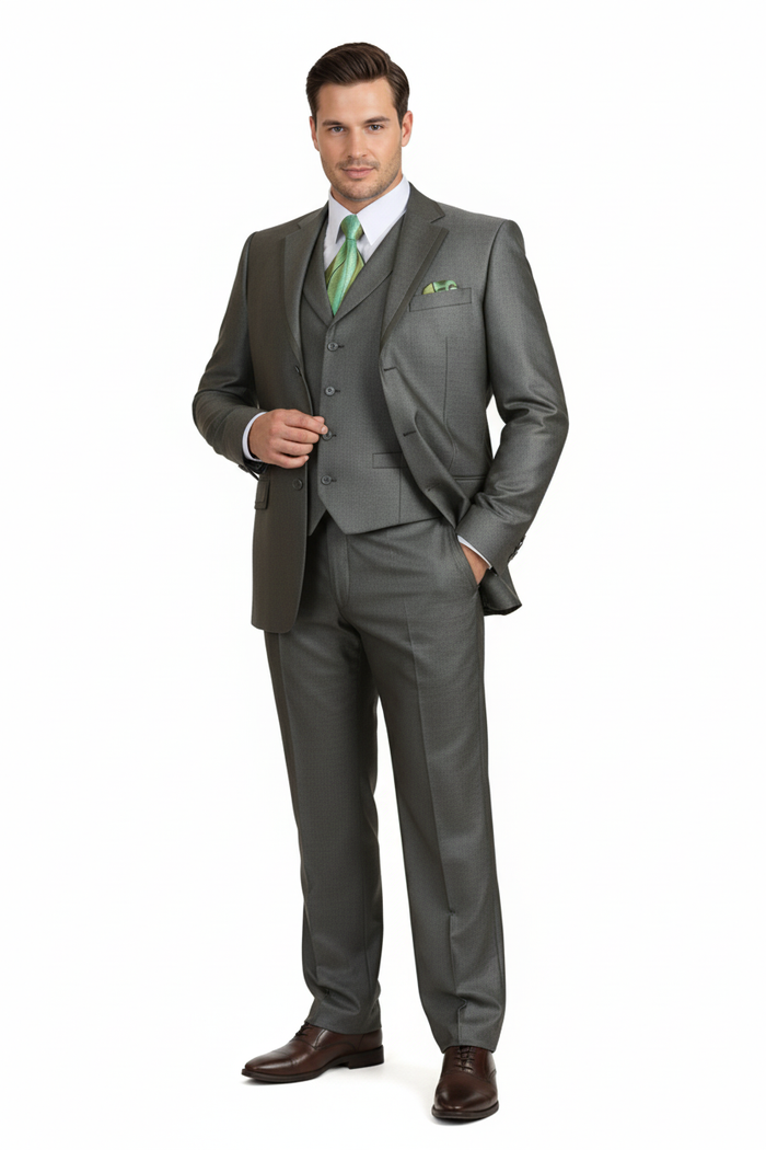 Mens Olive Green 3-Piece Suit Classic Fit with Vest and Tie Pleated Pants Three Buttons