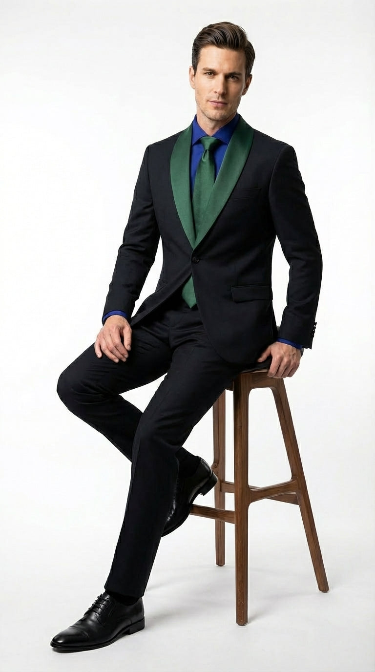 Men’s Black Suit with Hunter Green Shawl Lapel – Black and Hunter Green Formal Tuxedo Suit for Wedding, Prom With Bow Tie - 34 Short or Extra Small