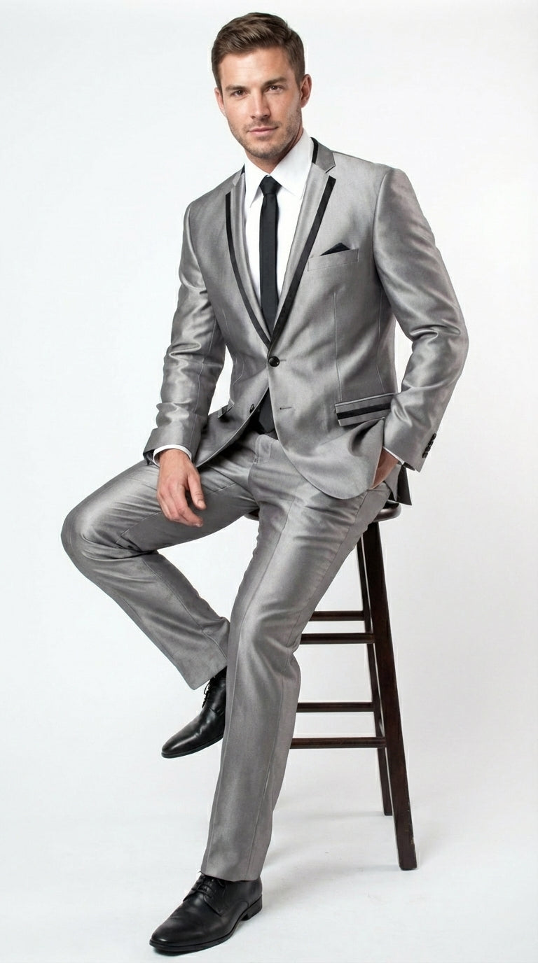 Men’s Silver Sharkskin Tuxedo Suit with Black Piping – Shiny Two Button Formal Suit for Wedding, Prom and Party Wear - 34 Short or Extra Small