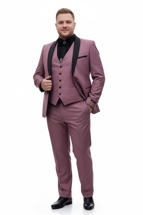 Men's Rose Pink Tuxedo Suit Luxury Three-Piece Formal Wear with Black Satin Lapel Dusty Mauve Color