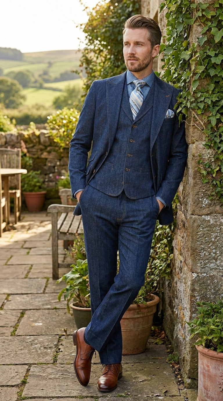 Men’s Pleated Pants Dark Blue Denim 3 Piece Suit – 100% Cotton Formal Suit Set, Blazer Vest Pants Outfit Classic Fit Athletic Fit Lose Fit - 34 Short or Extra Small