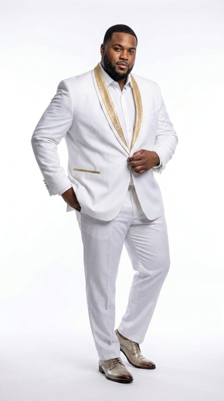 Men’s White and Gold Lapel 2-Piece Tuxedo Suit with Gold Glitter Shawl Lapel – Wedding, Prom and Dinner Jacket - 34 Short or Extra Small
