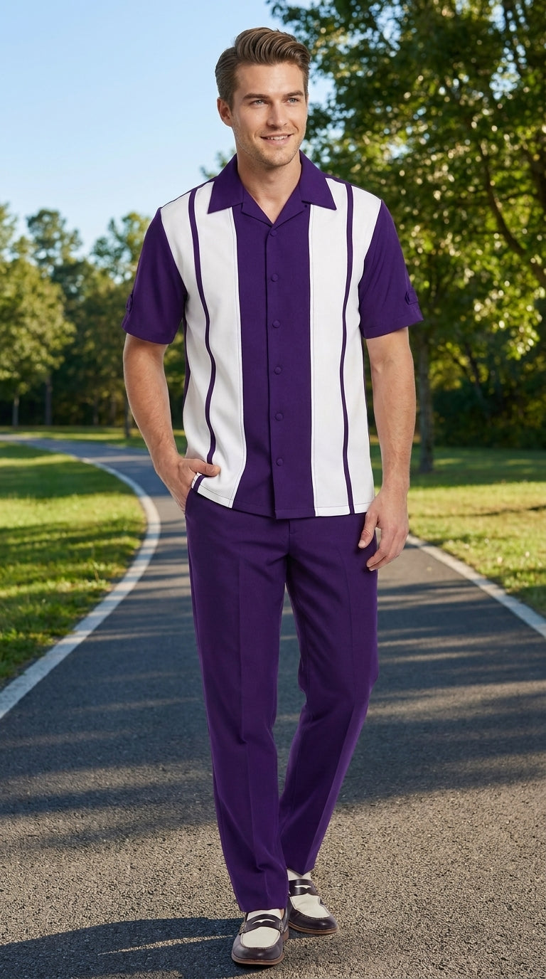 Men’s Purple and White Walking Suit – 2-Piece Short Sleeve Casual Leisure Outfit - Small