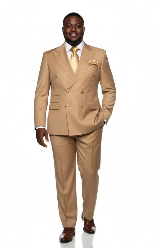 Mens Camel - Bronze - Goldish khaki Double-Breasted Suit Luxury 2-Piece Formal Set with Gold Buttons and Peak Lapels by Rossi Man