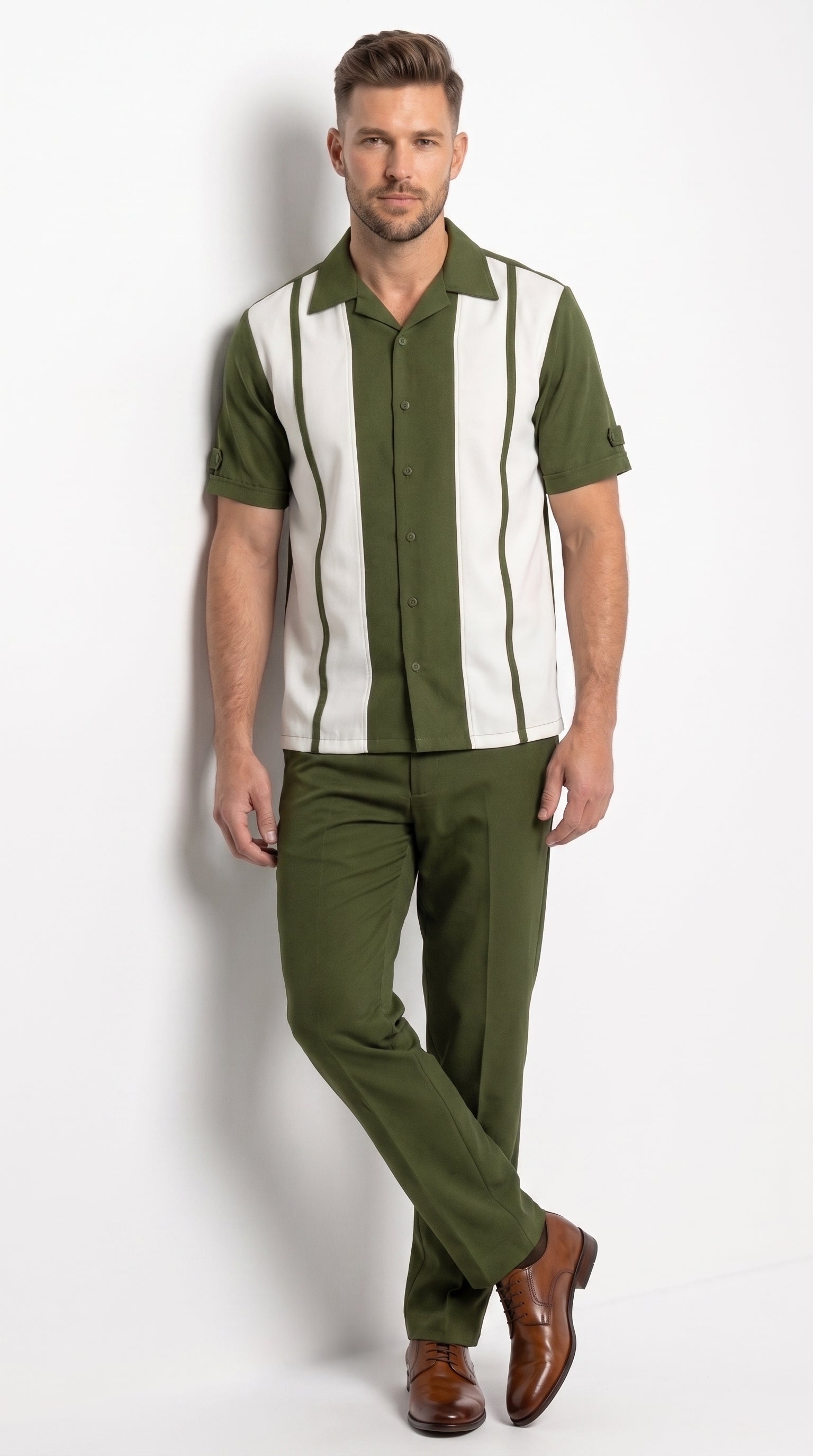 Men’s Olive Green and White Walking Suit – 2-Piece Short Sleeve Casual Leisure Outfit - Small