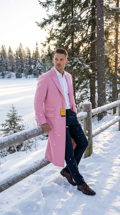 Mens Pink Wool Blend Long Overcoat Slim Fit Tailored Winter Coat - Carcoat - Topcoat