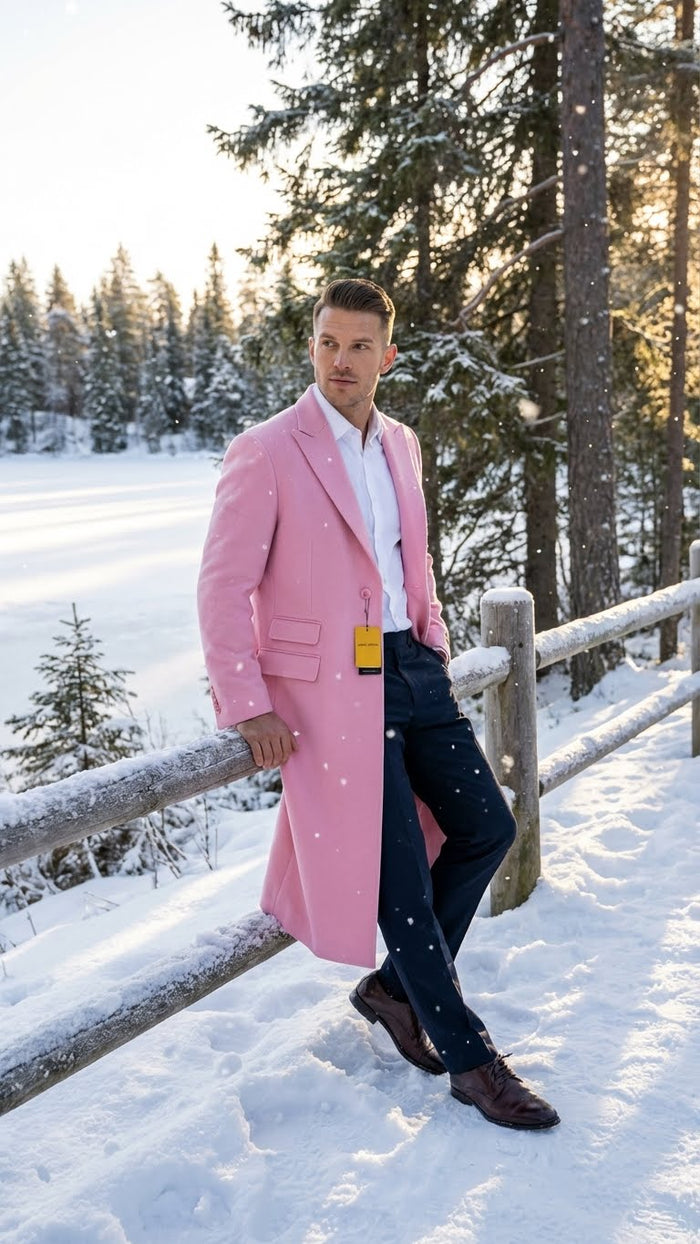 Mens Pink Wool Blend Long Overcoat Slim Fit Tailored Winter Coat - Carcoat - Topcoat