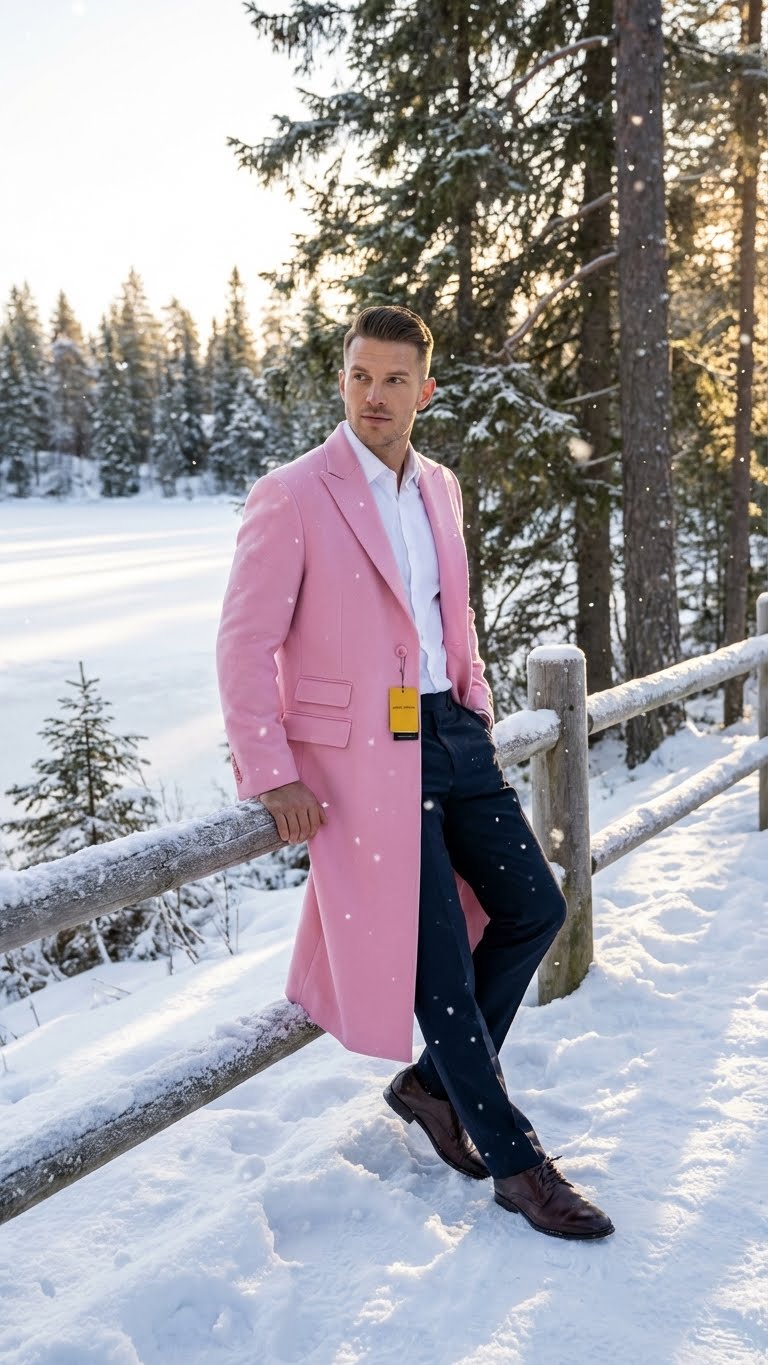 Men’s Pink Wool Blend Long Overcoat – Slim Fit Tailored Winter Coat - Carcoat - Topcoat - Coat Size 38