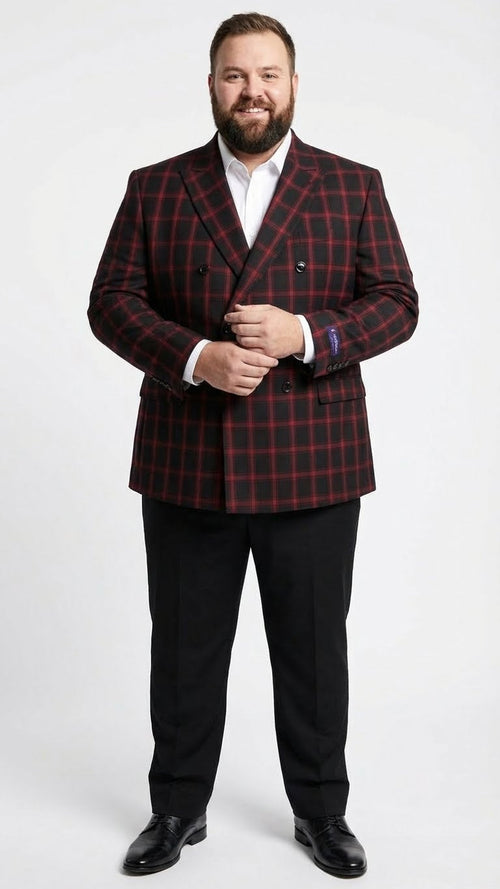 Mens Black and Red Check Double Breasted Blazer Sport Coat Jacket Windowpane Sportcoat Slim Fit