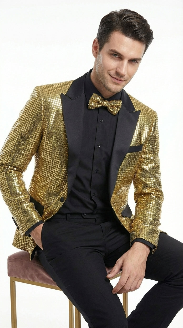 Mens Gold Sequin Blazer with Black Satin Lapel – Gold Formal Party Blazer Jacket for Prom, Wedding and Stage Events - 36 Short