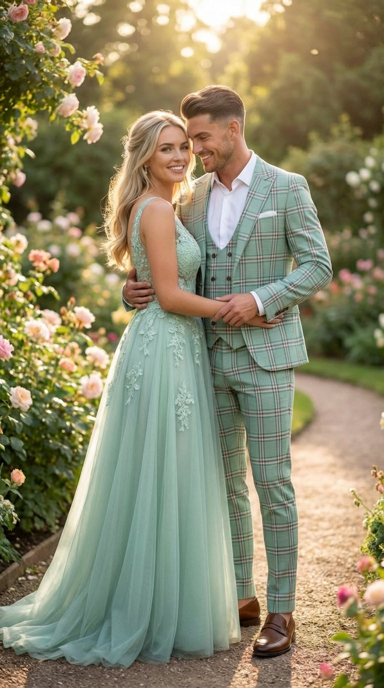 Mint Green Plaid Three Piece Suit for Men | Classic Checkered Formal Suit with Jacket Vest and Pants By Rossiman - 34 Short or Extra Small
