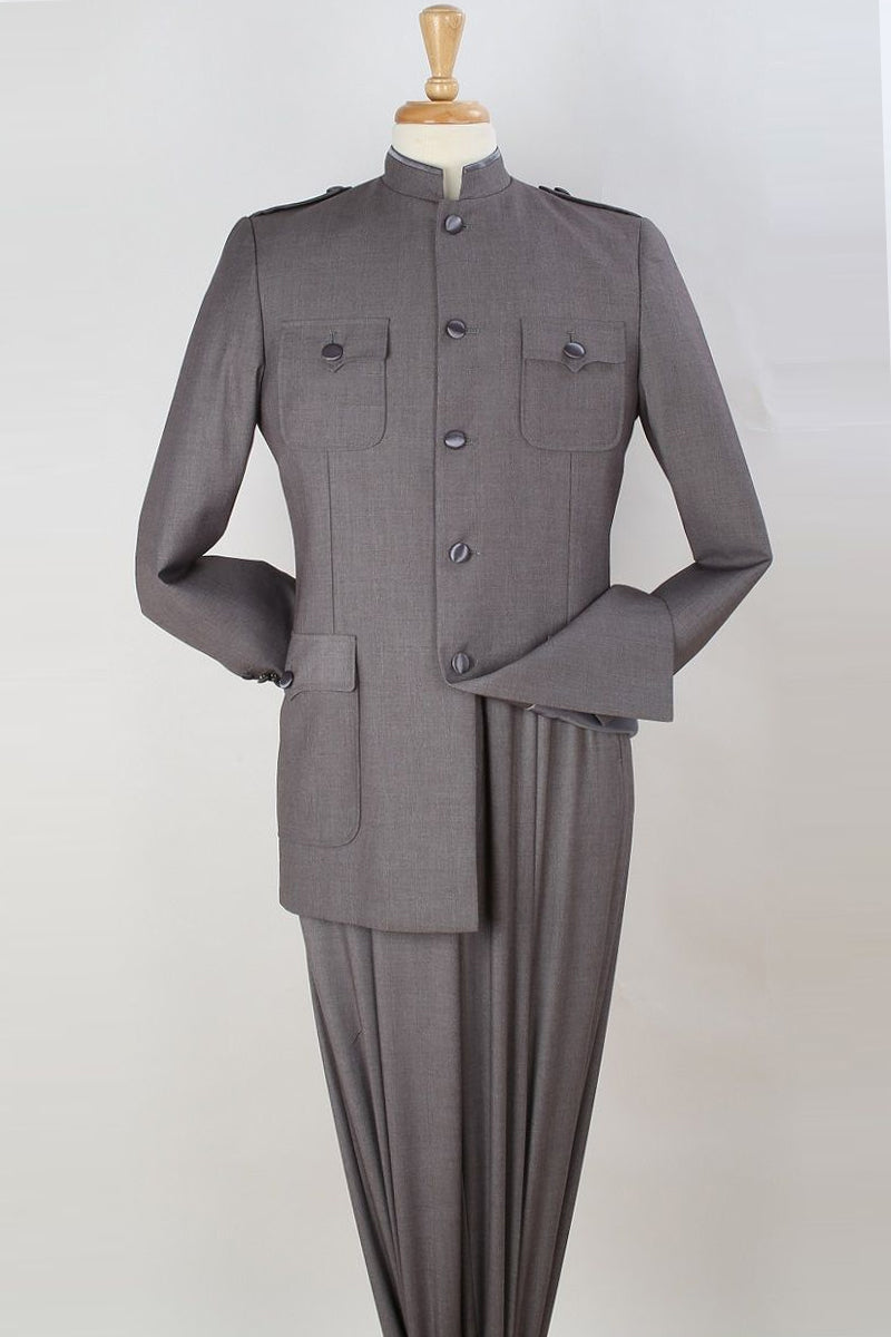 "Grey Men's Military-Inspired Safari Suit with Five Buttons & Mandarin Band"