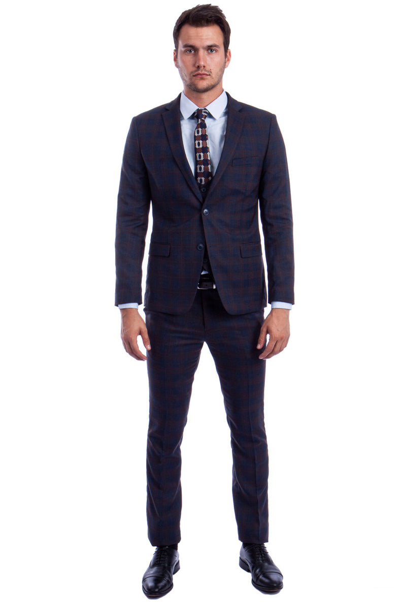 "Men's Skinny Fit Two Button Plaid Suit with Low Cut Vest - Blue & Brown" - 34 Short