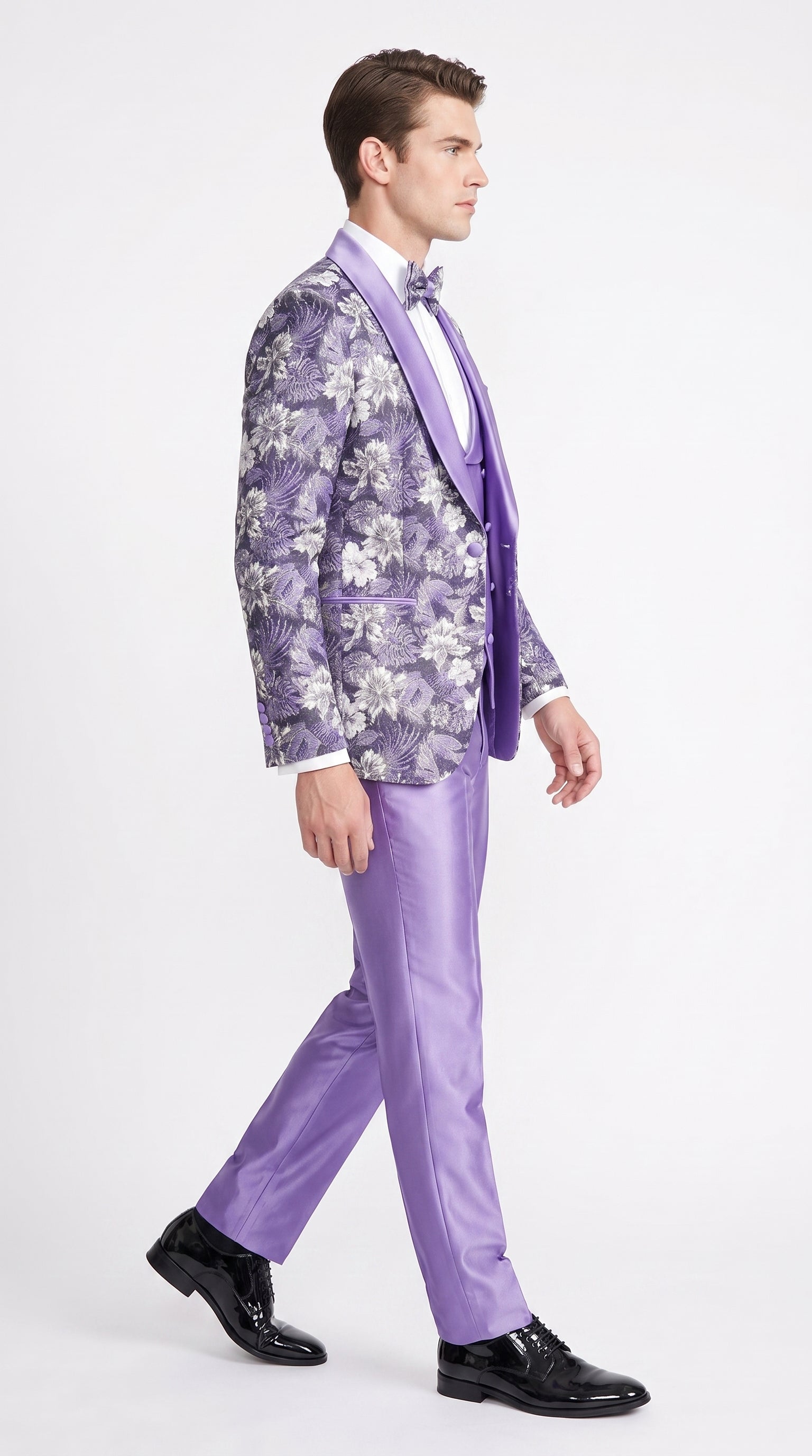 Men’s Lilac Lavender Prom Suit – Floral Shawl Lapel 3 Piece Tuxedo with Matching Vest and Pants