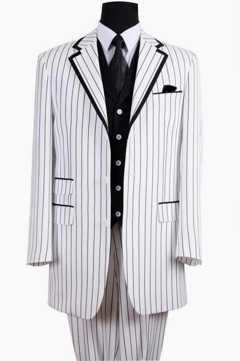 Candy Stripe Suit Mens 3 Button Vested Barbershop Quartet Suin in White with Black Pinstripes - 34 Short or Extra Small