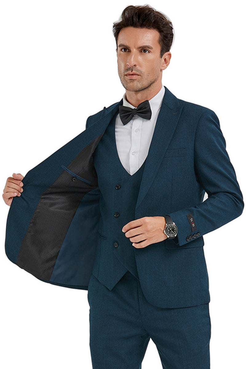 "Men's Slim Fit Sharkskin Suit - Dark Teal, One Button Peak Lapel with Double Breasted Vest"