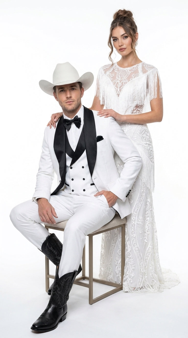Men’s White and Black Western Wedding Tuxedo – Cowboy Style 3-Piece Traje para Boda with Double-Breasted Vest - 34 Short or Extra Small