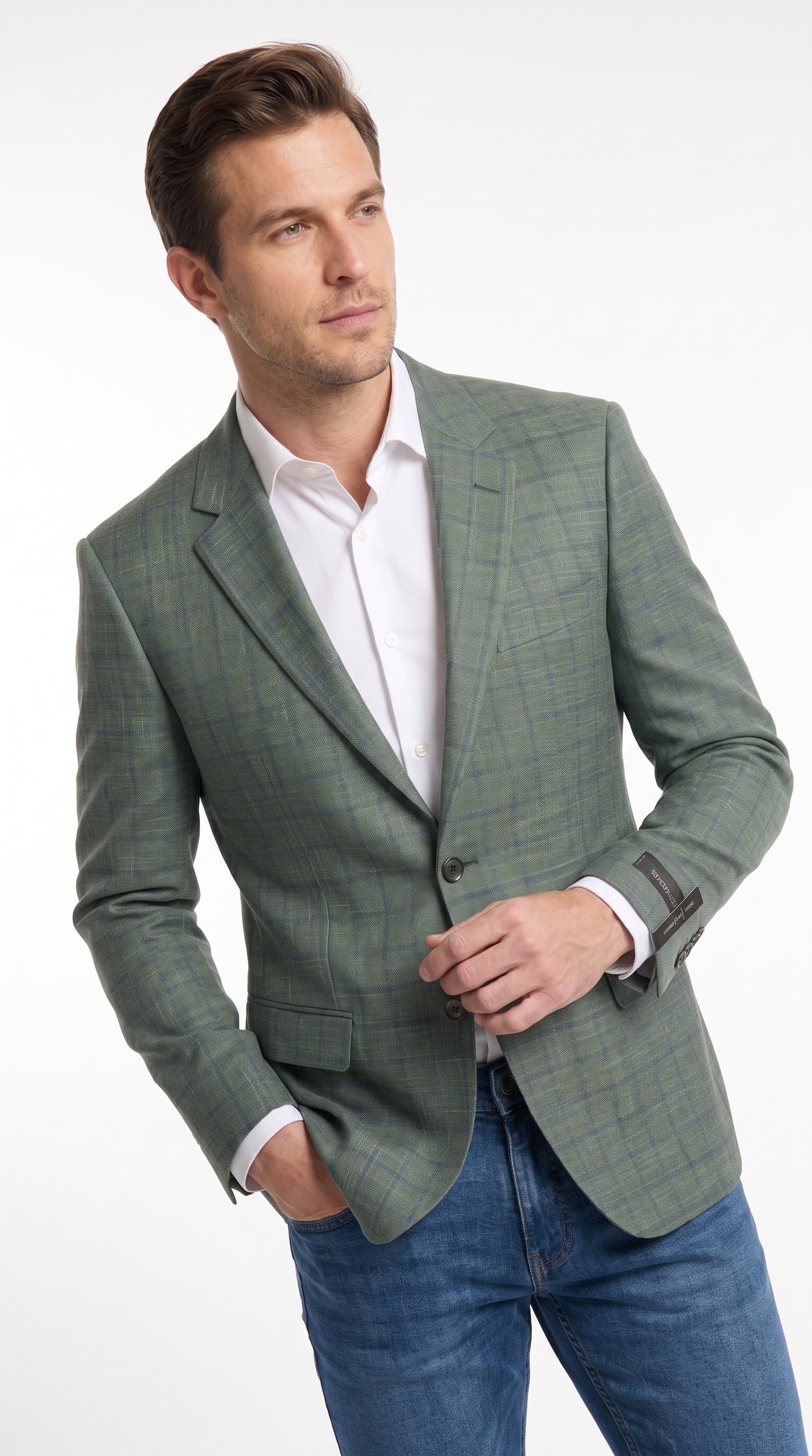 Men’s Sage Green Windowpane 2-Piece Suit – Modern Fit Plaid Wedding, Business and Formal Suit - 36 Short