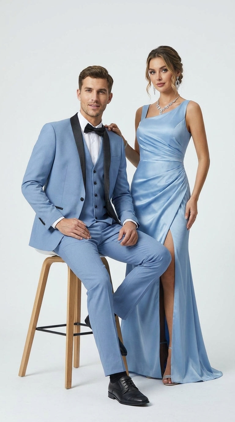 Men’s Powder Blue 3 Piece Tuxedo Suit – Light Blue Shawl Lapel Wedding Prom Suit with Vest - 34 Short or Extra Small