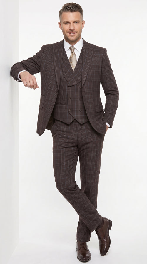 Men’s Vitali 3PC Suit – Choclate Brown and blue Plaid Check 3-Piece Suit with Double-Breasted Vest Modern Fit Side Vented