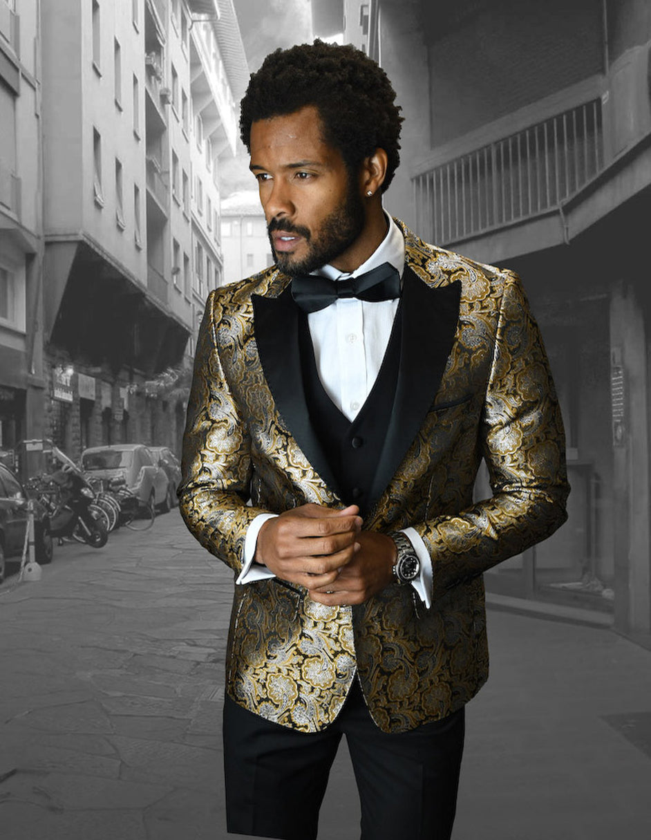 Mens Vested One Button Peak Lapel Shiny Floral Tuxedo in Gold - 38 Long