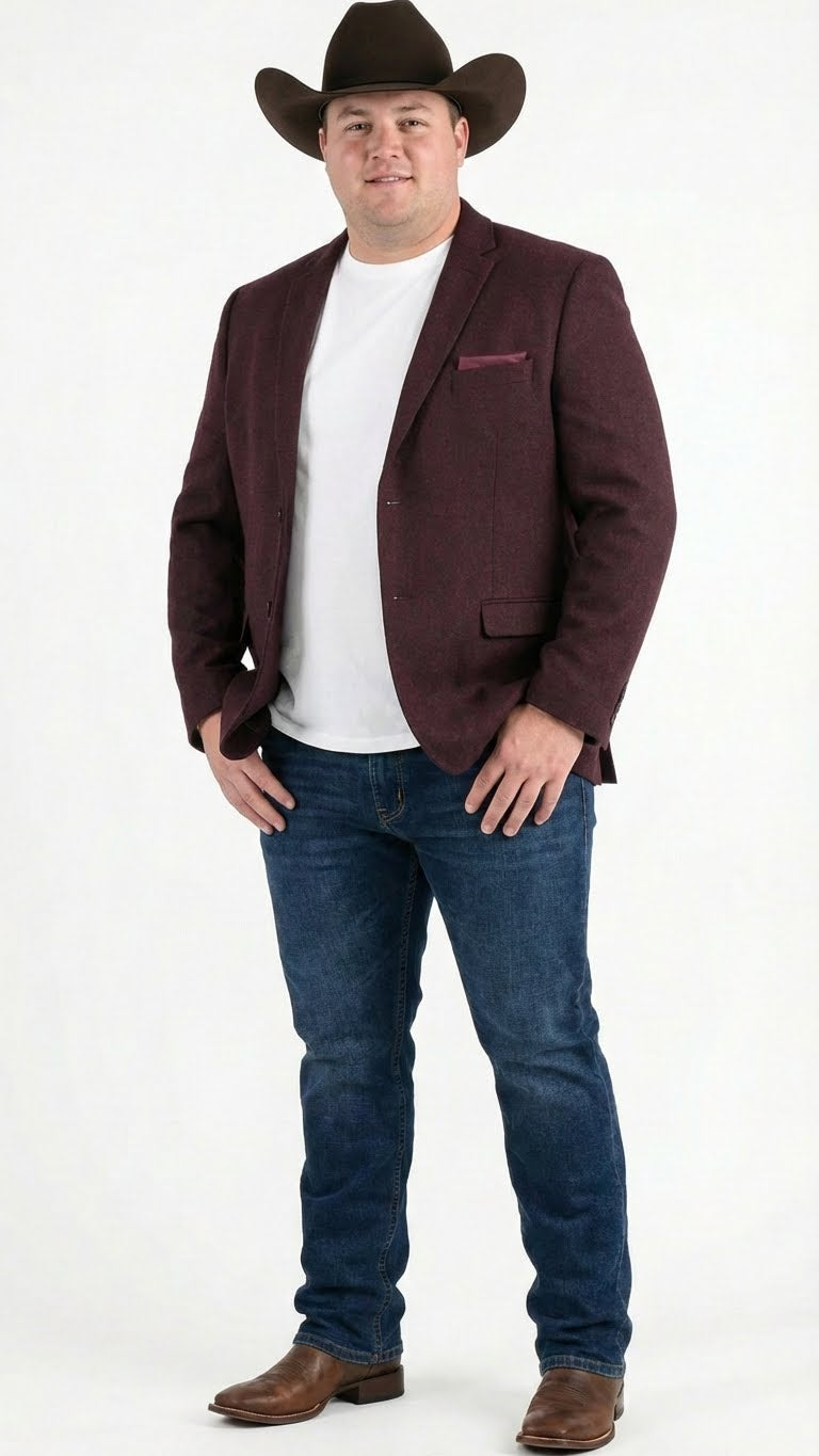 Men’s Burgundy Western  Blazer Jacket, Textured Cowboy Style Sport Coat for  - Tweed Herringbone Maroon Color - 36 Short