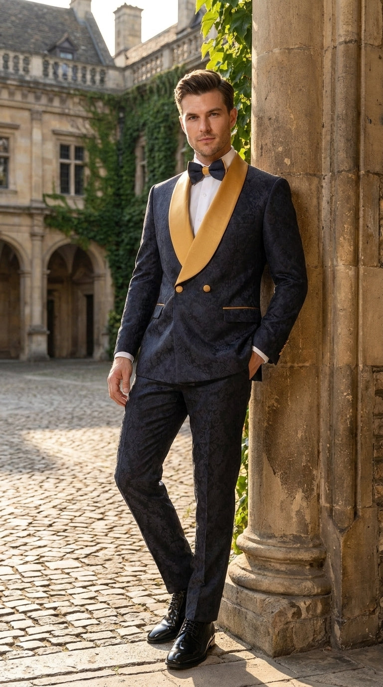 Men’s Black and Gold Hollywood Tuxedo – Double-Breasted Shawl Lapel Prom, Wedding and Formal Suit - 34 Short or Extra Small