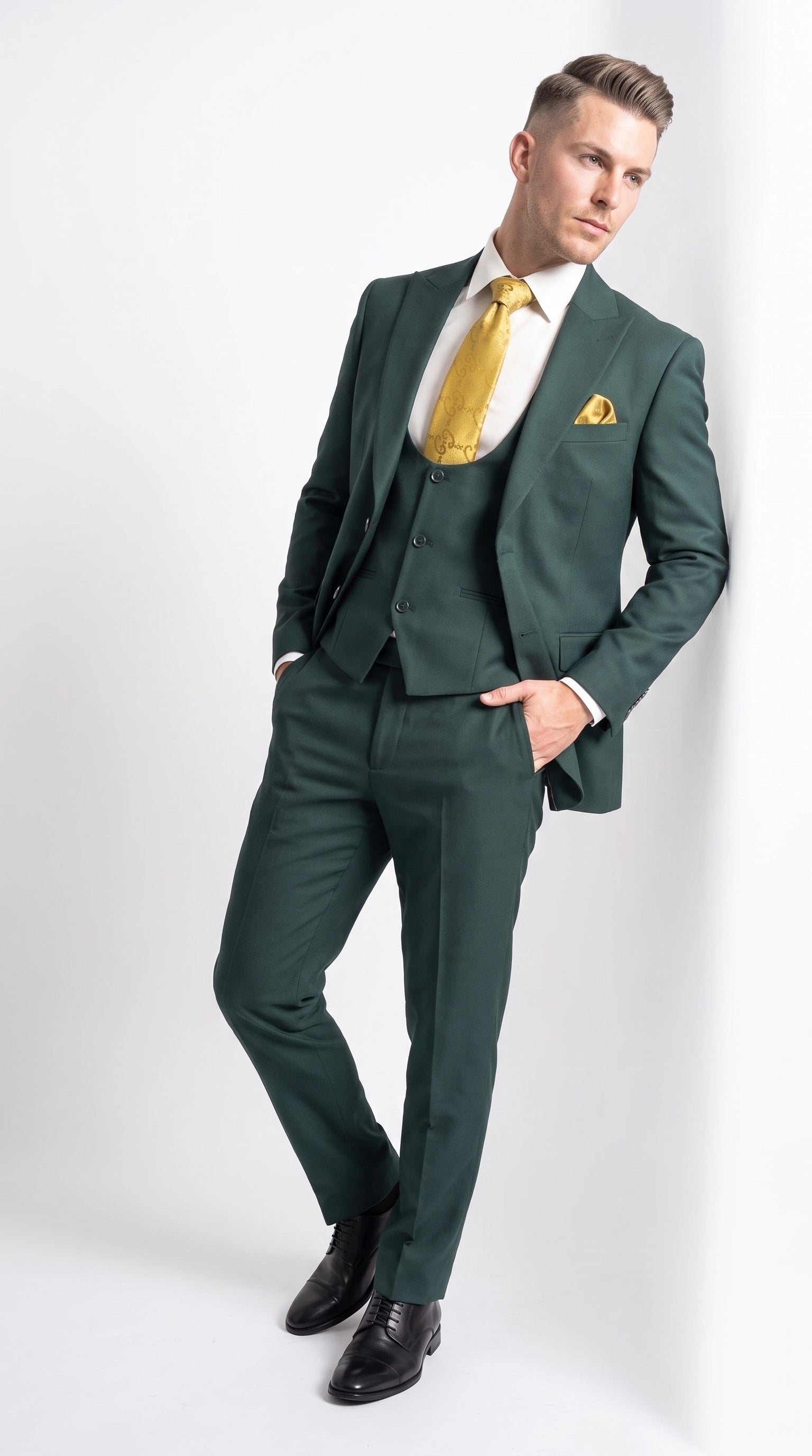 Mens Vitali 3 Piece Suit W/Scoop Vest Hunter Green 3-Piece Suit –, Big Peak Lapel  Vest and Pants  Modern Fit Two Buttons
