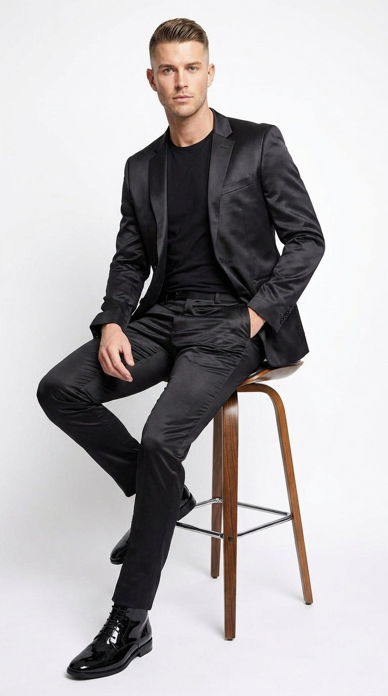 Men’s Black Shiny Sharkskin 2 Piece Suit, Formal Wedding Prom Party Dress Suit - 34 Short or Extra Small