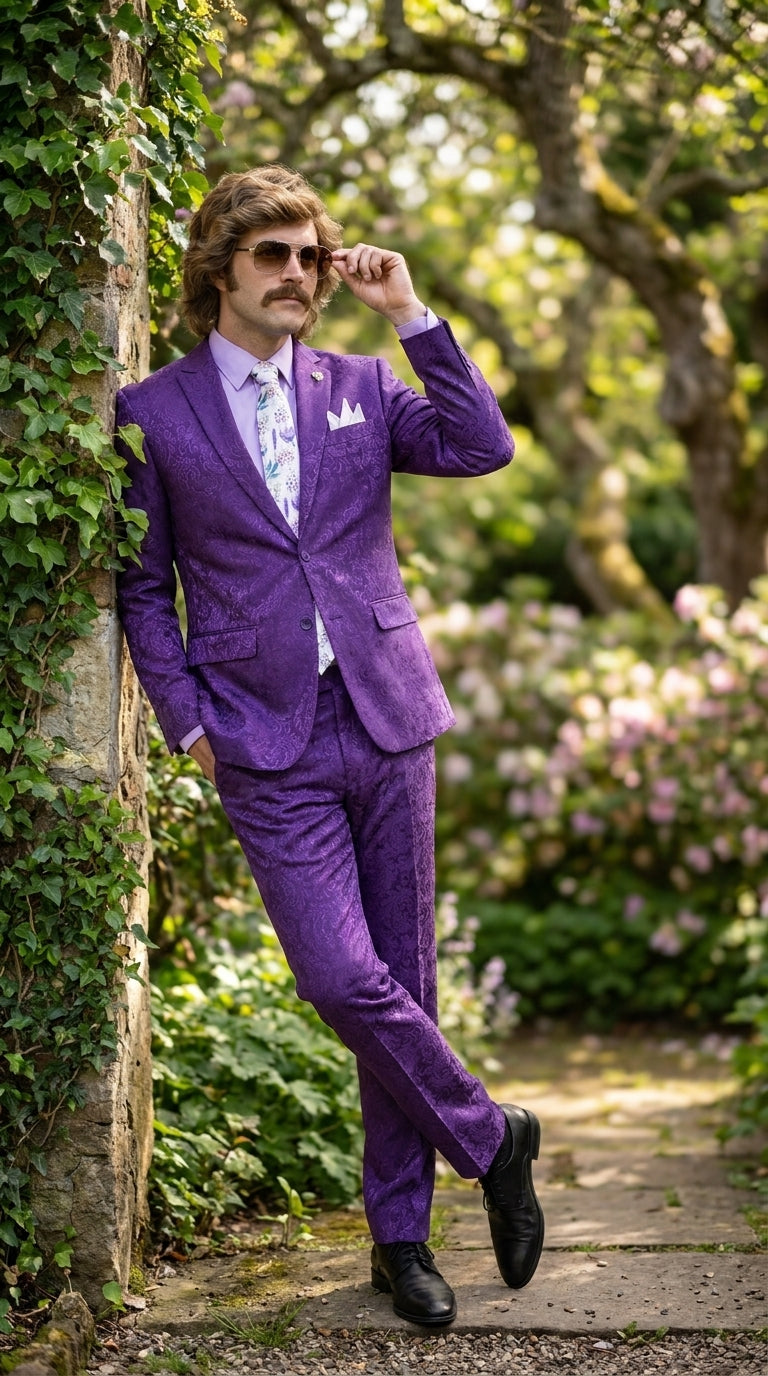Men’s Purple Paisley 2-Piece Suit – 1970s Disco, Retro Rockabilly, Prom and Party Suit - 34 Short or Extra Small