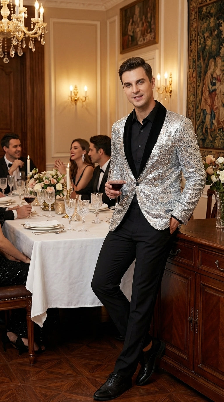 Men’s Silver Sequin Blazer Disco Style Jacket – Black Lapel Party Blazer, Shiny Evening Wear, 70s Dance Outfit, Formal Event Jacket - 34 Short