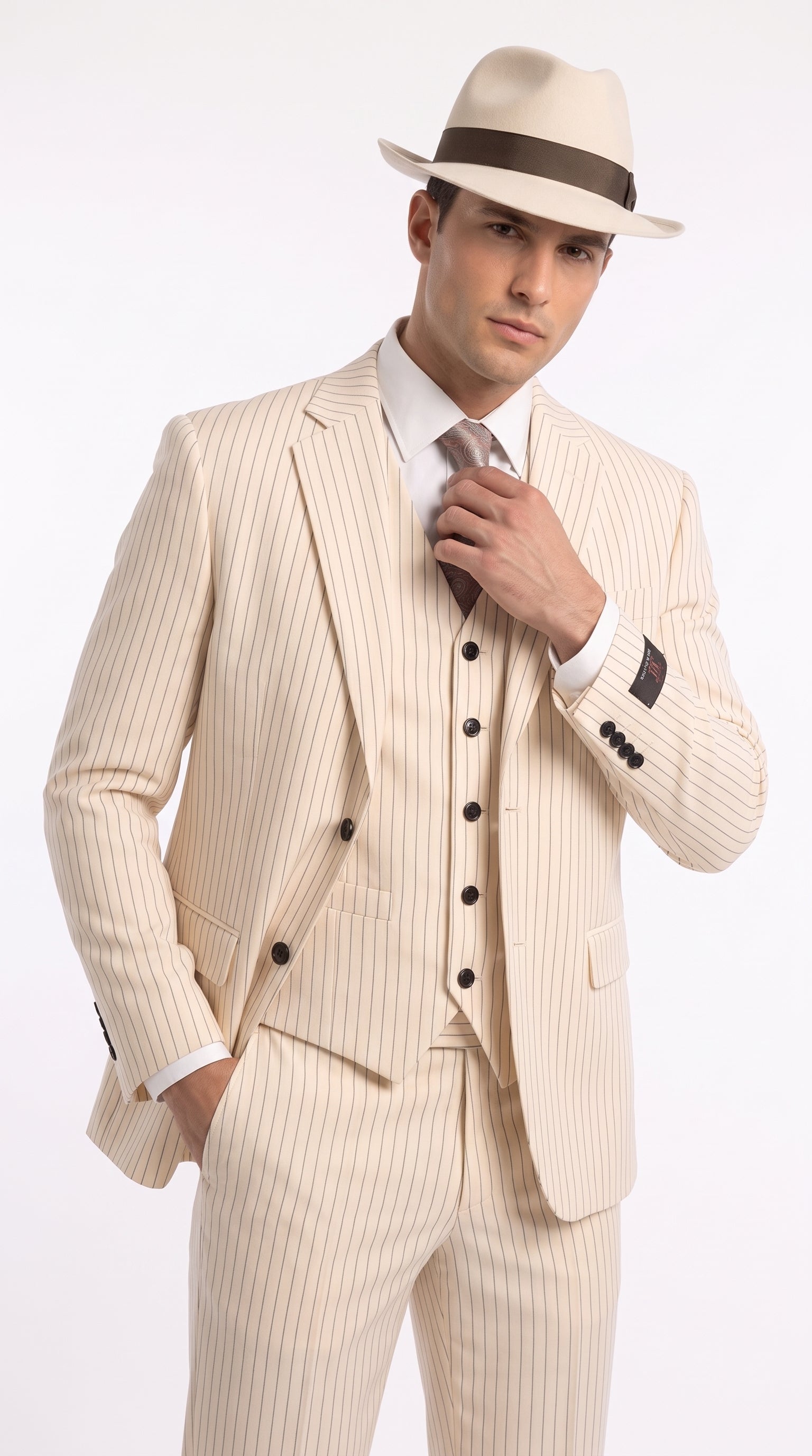 Men’s Ivory Cream Pinstripe 3-Piece Suit – 1920s Gangster Gatsby Wedding and Formal Suit