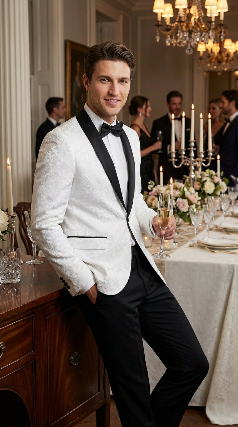 Men’s White Dinner Jacket Disco Blazer 1980s Sequin Style Jacket – Black Lapel Party Blazer, Formal Masquerade Club Wear Paisley Fabric + Bowtie - 34 Short