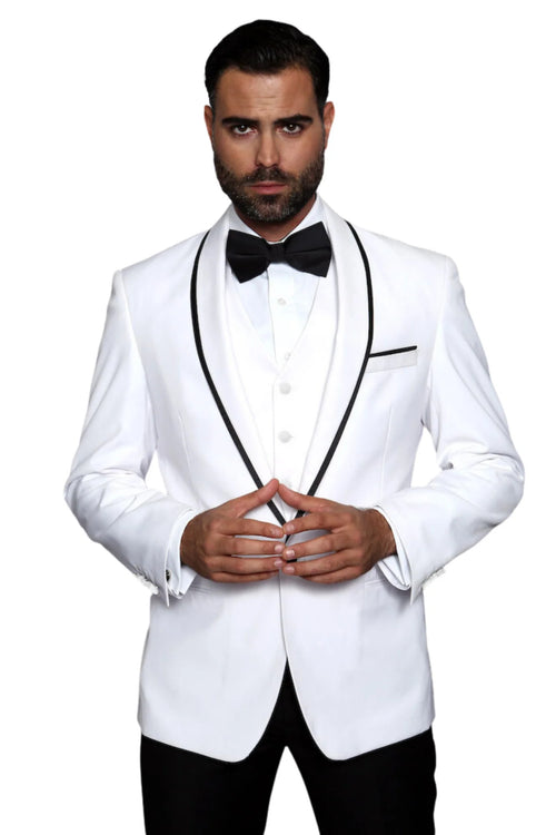 3-Piece Tailored Fit Wool Suit with Bow Tie and Flat Front Pants - White