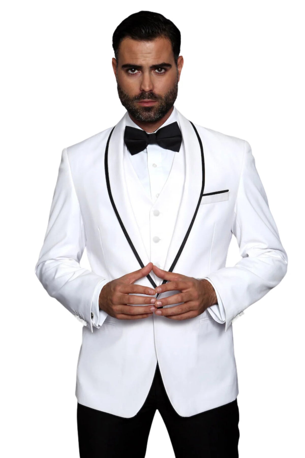 3-Piece Tailored Fit Wool Suit with Bow Tie and Flat Front Pants - White