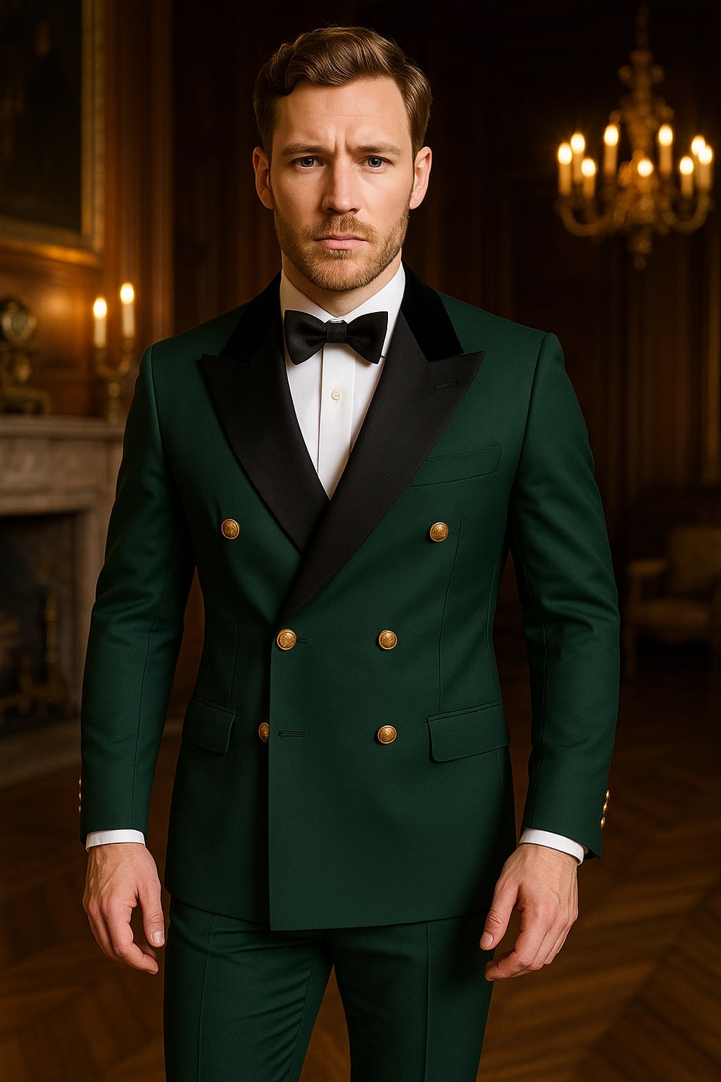 Men's Green Double-Breasted Wedding Tuxedo with Black Velvet Lapel and Gold Buttons - 34 Short or Extra Small
